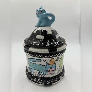 Joanne Delombs Blue cat Treat Cookie Jar Cannister  Joanne 12”.